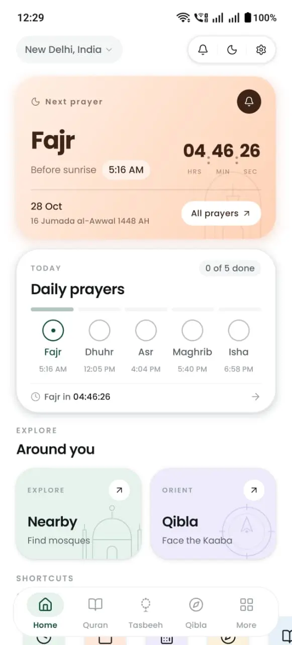 DeenDock home screen showing today’s prayer times and the next prayer countdown