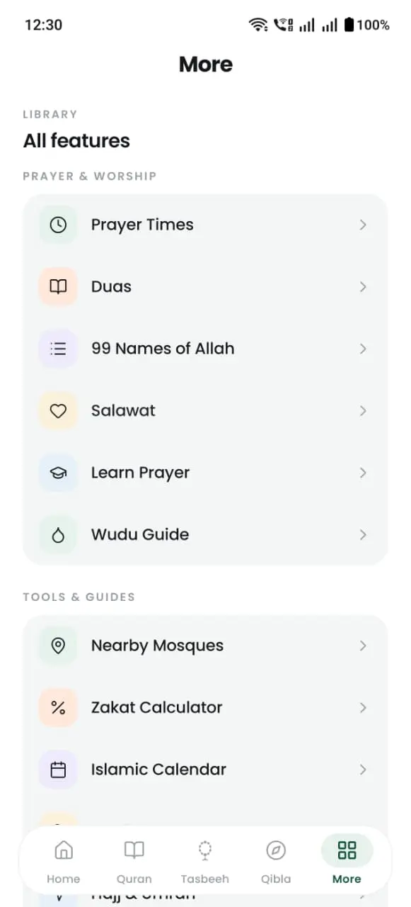 DeenDock feature overview screen listing prayer, Quran, duas and calendar tools